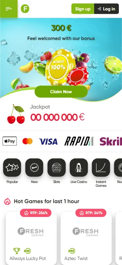 Fresh Casino home screen on a mobile device