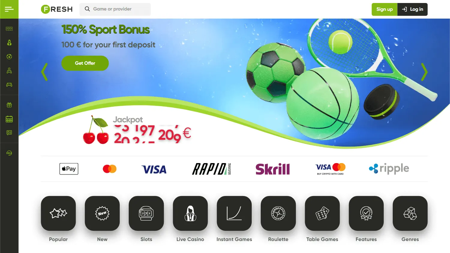 Fresh Casino home screen on desktop